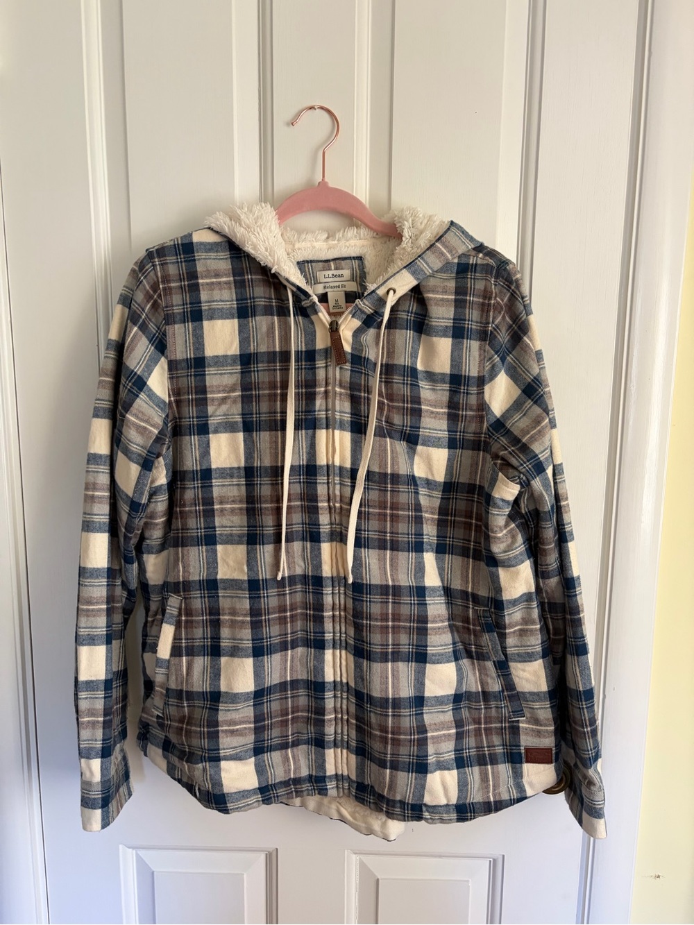 L.L. Bean Plaid Sherpa-Lined Hoodie in Cream, Blue & Brown